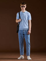 Men's Blue Textured Slim Fit V-Notch Style Polo Tshirt