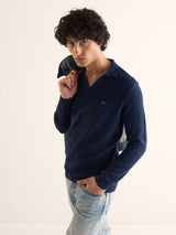 Men's Blue Casual Slim Fit Solid Full Sleeves Polo Tshirt