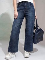 Women's Dark Blue Casual Solid Wide Leg Jeans