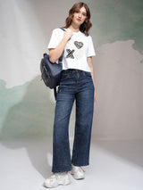 Women's Dark Blue Casual Solid Wide Leg Jeans