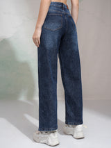 Women's Dark Blue Casual Solid Wide Leg Jeans
