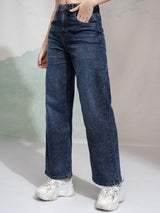 Women's Dark Blue Casual Solid Wide Leg Jeans