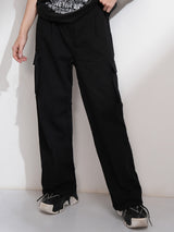 Women's Black Casual Solid Straight Fit Cargos