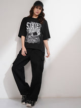 Women's Black Casual Solid Straight Fit Cargos