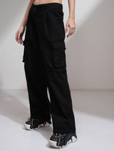 Women's Black Casual Solid Straight Fit Cargos