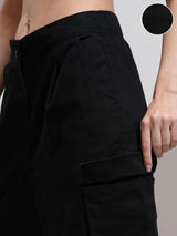 Women's Black Casual Solid Straight Fit Cargos