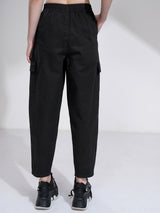 Women's Black Casual Solid Mom Fit Cargos