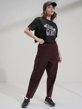 Women's Brown Casual Solid Mom Fit Cargos