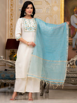 Women's Cream Ethnic Motifs Yoke Design Straight Thread Work Kurta With Palazzos & Dupatta