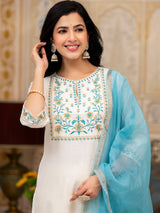 Women's Cream Motifs Yoke Design Straight Thread Work Kurta With Palazzo & Dupatta