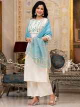 Women's Cream Ethnic Motifs Yoke Design Straight Thread Work Kurta With Palazzos & Dupatta