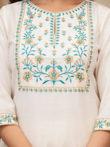 Women's Cream Motifs Yoke Design Straight Thread Work Kurta With Palazzo & Dupatta