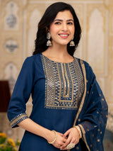 Women's Teal Ethnic Motifs Yoke Designed Sequined Straight Kurta With Palazzos & Dupatta