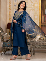 Women's Teal Ethnic Motifs Yoke Designed Sequined Straight Kurta With Palazzos & Dupatta