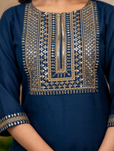 Women's Teal Ethnic Motifs Yoke Designed Sequined Straight Kurta With Palazzos & Dupatta