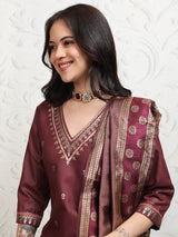 Women's Burgandy Ethnic Motifs Printed Regular Thread Work Kurta With Trousers & With Dupatta