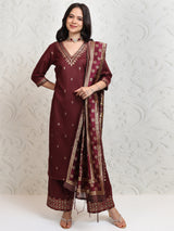 Women's Burgandy Ethnic Motifs Printed Regular Thread Work Kurta With Trousers & With Dupatta