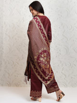 Women's Burgandy Ethnic Motifs Printed Regular Thread Work Kurta With Trousers & With Dupatta