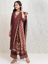 Women's Burgandy Ethnic Motifs Printed Regular Thread Work Kurta With Trousers & With Dupatta