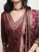 Women's Burgandy Ethnic Motifs Printed Regular Thread Work Kurta With Trousers & With Dupatta