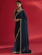 Women's Satin Blue Embellished Designer Saree with Blouse Piece
