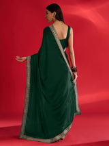Women's Satin Green Embellished Designer Saree with Blouse Piece