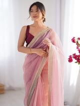 Women's Net Pink Embellished Designer Saree with Blouse Piece