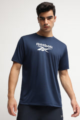 Men's Navy Blue Casual Cotton Blend Half Sleeves Tshirt
