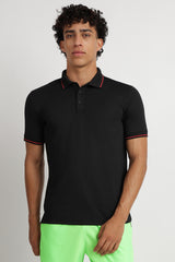 Men's Black Casual Cotton Blend Half Sleeves Polo Tshirt