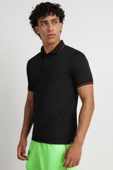 Men's Black Casual Cotton Blend Half Sleeves Polo Tshirt