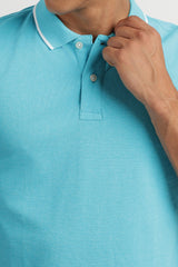 Men's Blue Casual Cotton Blend Half Sleeves Polo Tshirt