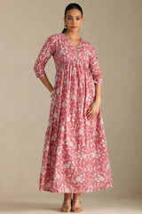 Women's Onion Pink Cotton Floral Print Dress With Zari