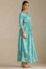 Women's Turquoise Blue Cotton Floral Print Dress With Zari