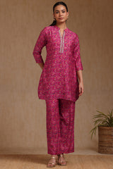 Women's Fuchsia Muslin Floral Print Co-Ord Set With Zari