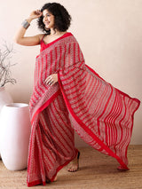 Women's Bhagalpuri Silk Red Printed Ready to Wear with Blouse Piece