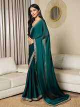 Women's Satin Blue Embellished Ready to Wear with Blouse Piece