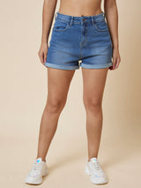 Women's Med Blue Casual Regular Fit Solid Shorts