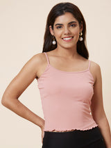 Women's Pink Nude-Color Shoulder Straps Ribbed Fitted Top