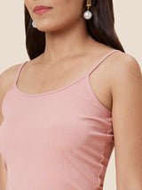 Women's Pink Nude-Color Shoulder Straps Ribbed Fitted Top