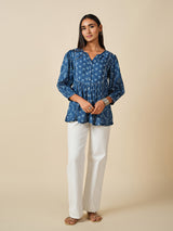 Women's Blue Casual Printed Three Quarter Sleeves Kurti