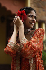 Women's Orange Fusion Printed Full Sleeves Kurta Set