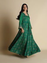 Women's Green Festive Printed Full Sleeves Kurta Set