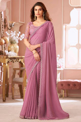 Women's Georgette Pink Embellished Designer Saree with Blouse Piece