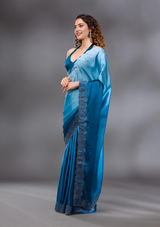 Women's Peacock Blue Swarovski Satin Saree