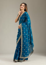 Women's Peacock Blue Zariwork Gold Tissue Saree