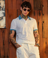 Men's Chalk White and Aegean Blue Contrast Texture Polo Tshirt