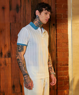 Men's Chalk White and Aegean Blue Contrast Texture Polo Tshirt