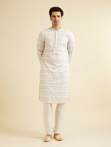 Men's White Ethnic Relaxed Fit Embroidered Full Sleeves Kurta Set
