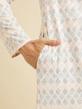 Men's White Ethnic Relaxed Fit Embroidered Full Sleeves Kurta Set