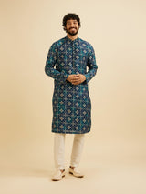Men's Blue Ethnic Relaxed Fit Printed Full Sleeves Kurta Set